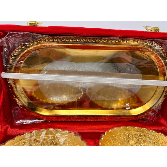 Silver Plated Gold Polished Embossed Flower Design 2 Bowls 2 Spoons 1 Tray New - Picture 5 of 6